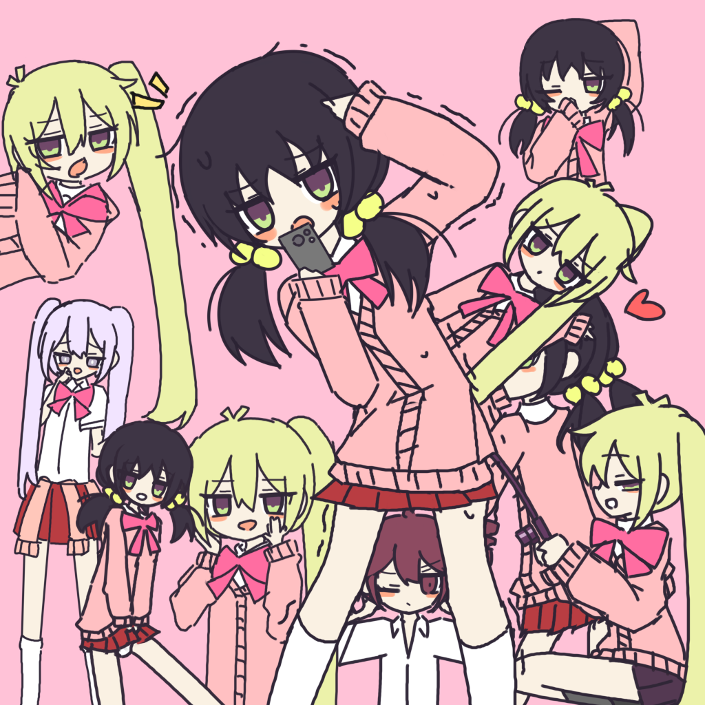 &gt;3&lt; akita_neru antenna_hair bow bowtie cardigan cardigan_around_waist channel_(caststation)_(style) clothes_around_waist dayan7_ariel diagonal-striped_bow diagonal-striped_bowtie diagonal-striped_clothes hatsune_miku kaai_yuki kasane_teto light_switch original pink_background pink_bow pink_bowtie pink_cardigan pink_sweater pinstripe_bowtie red_bow red_bowtie striped_bow striped_bowtie striped_clothes sweater triple_ryuunen vocaloid zako_(phrase) zako_(vocaloid)