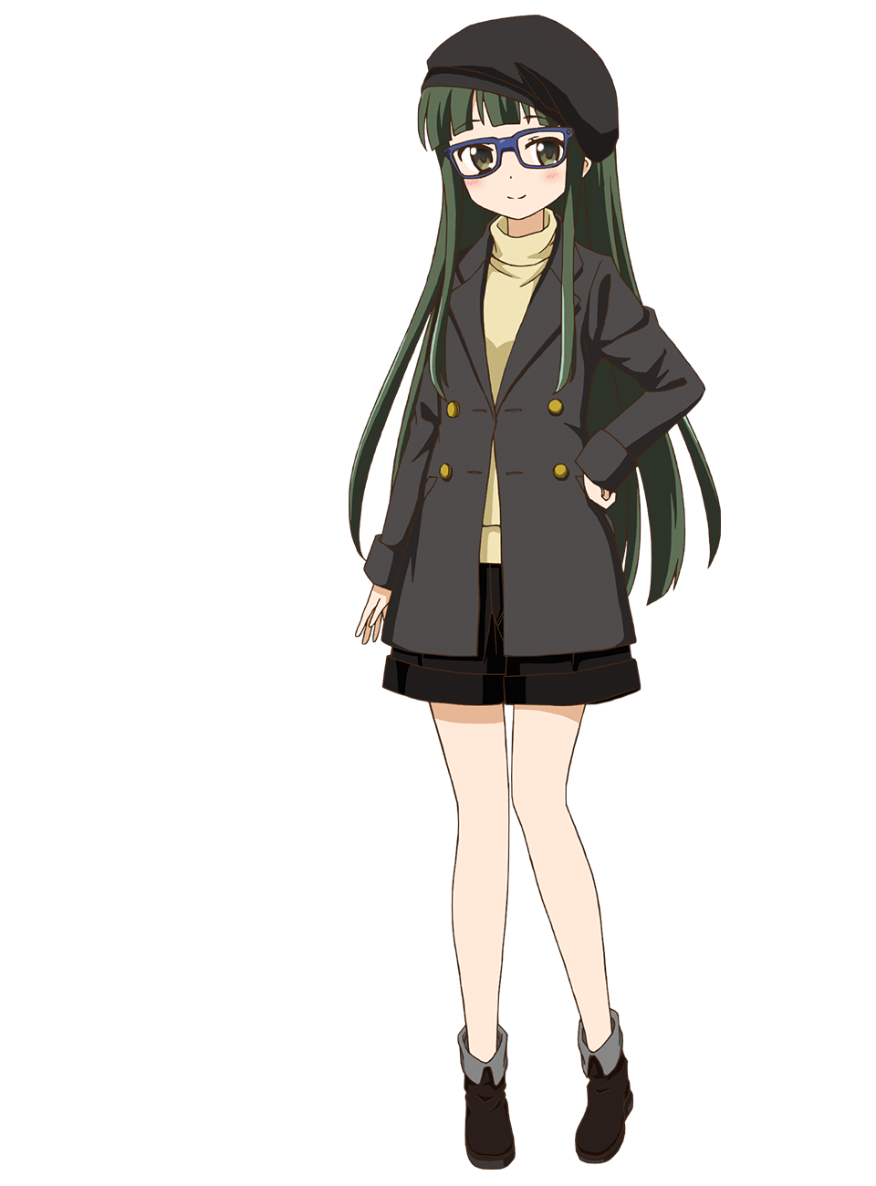1girl arm_at_side black_coat black_hat black_shorts blue-framed_eyewear brown_shoes closed_mouth coat full_body green_eyes green_hair hand_on_own_hip hat highres kin-iro_mosaic long_hair long_sleeves official_art oomiya_isami shoes shorts sidelocks simple_background smile solo standing sweater tachi-e transparent_background ueta_kazuyuki very_long_hair yellow_sweater
