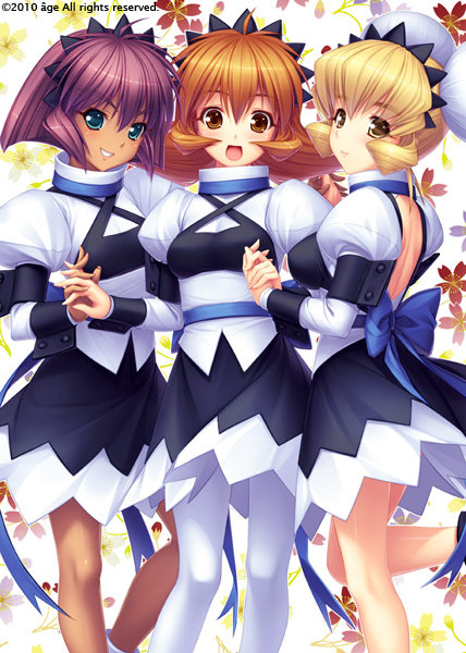 3girls :d bad_id bad_pixiv_id blonde_hair blue_eyes blush brown_eyes brown_hair ebisu_minagi holding_hands kamiyo_tatsumi leg_up multiple_girls muv-luv muv-luv_alternative open_mouth pantyhose purple_hair sayori_(neko_works) smile standing tomoe_yukino white_pantyhose wrist_cuffs