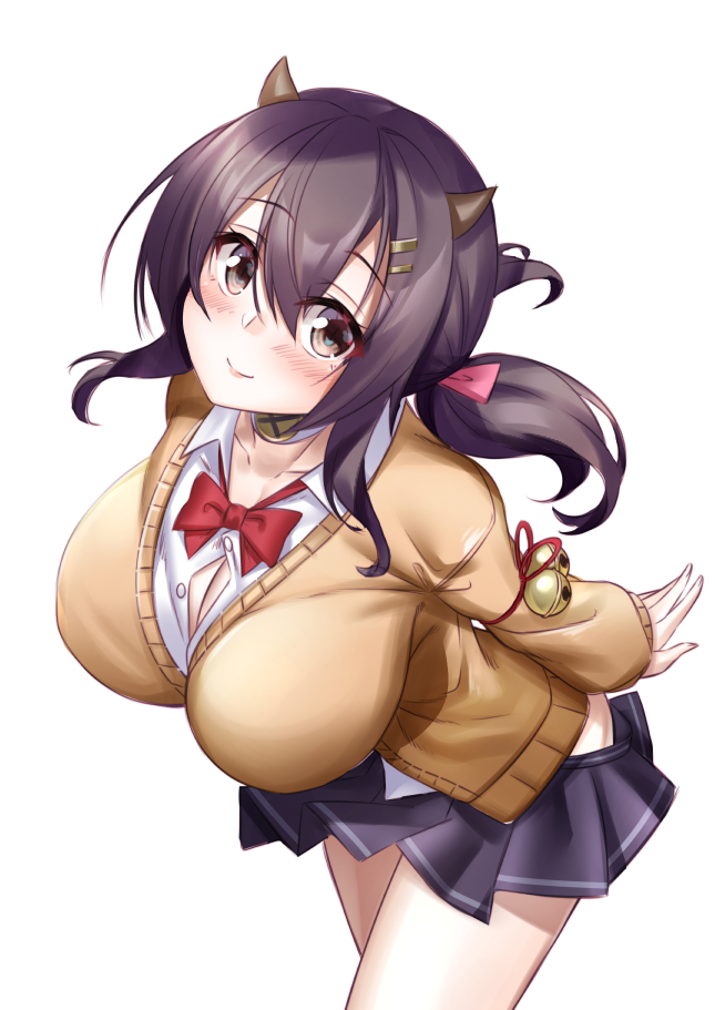1girl arms_behind_back asane_ken azur_lane bell bow bowtie breasts brown_eyes closed_mouth collarbone collared_shirt frilled_skirt frills hair_between_eyes hair_ornament hairclip head_tilt horns jingle_bell large_breasts long_sleeves looking_at_viewer nagara_(azur_lane) neck_bell open_clothes open_shirt pink_ribbon ponytail purple_hair ribbon shirt sidelocks simple_background skirt smile solo sweater white_background yellow_sweater