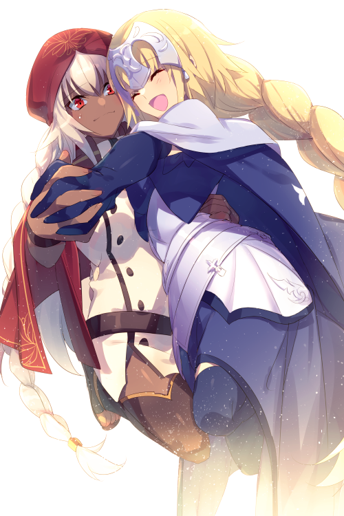 2girls armor armored_dress belt blonde_hair blush braid braided_ponytail breasts brown_thighhighs chain closed_eyes collar dancing dark-skinned_female dark_skin dress echo_(circa) fate/apocrypha fate/grand_order fate_(series) faulds gauntlets hat headpiece holding_hands jacket jacket_on_shoulders jeanne_d&#039;arc_(fate) jeanne_d&#039;arc_(ruler)_(fate) lakshmibai_(fate) large_breasts long_hair medium_breasts metal_collar multiple_girls open_mouth plackart purple_dress purple_thighhighs red_eyes red_hat red_jacket short_dress sidelocks smile thighhighs turban twin_braids very_long_hair white_dress white_hair