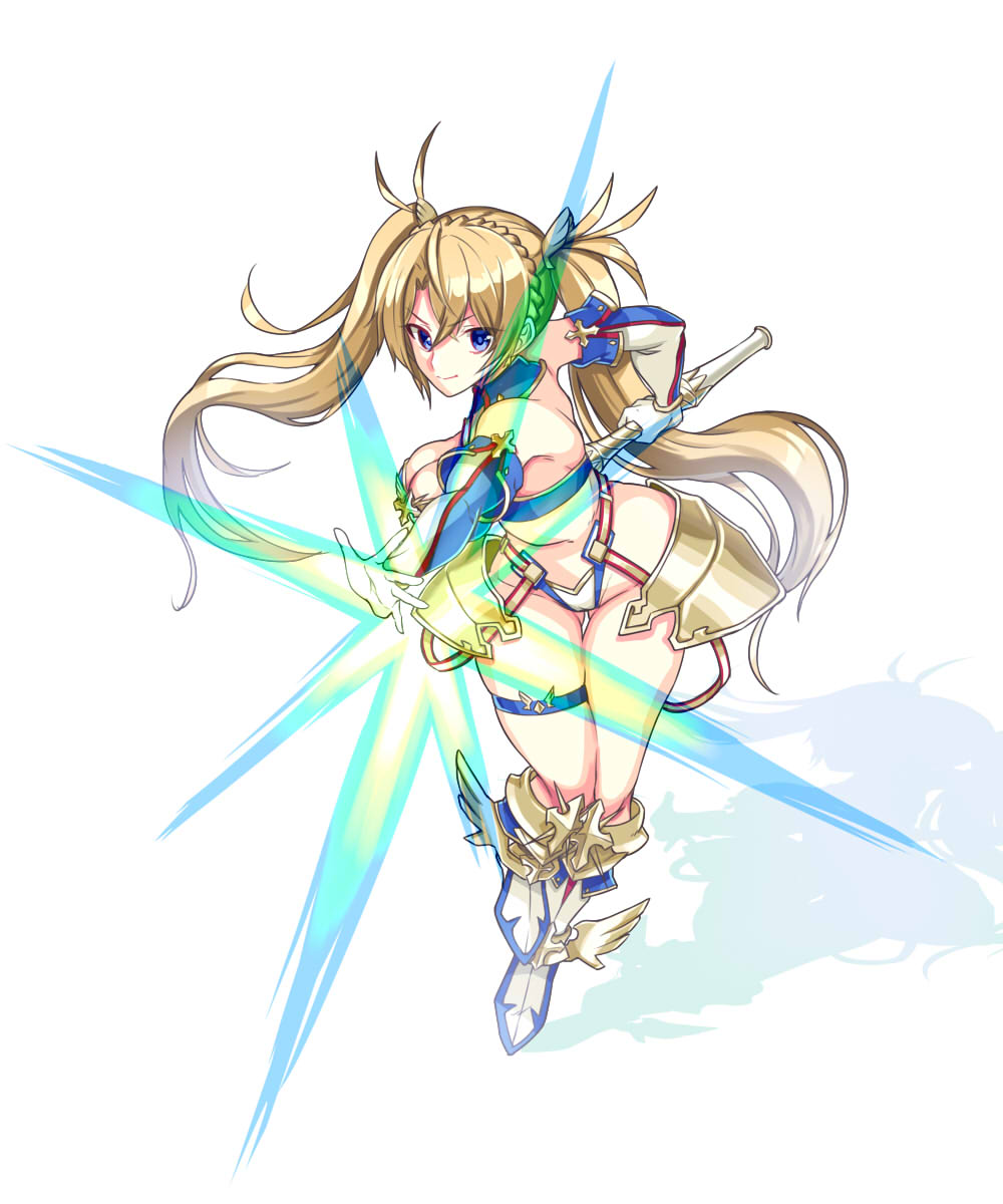 1girl armor bare_shoulders bikini blonde_hair blue_bikini blue_eyes boots bradamante_(fate) bradamante_(third_ascension)_(fate) braid breasts cleavage closed_mouth crown_braid elbow_gloves energy_barrier energy_shield fate/grand_order fate_(series) faulds female_focus gloves hair_between_eyes hair_ornament highres knee_boots large_breasts long_hair looking_at_viewer multicolored_bikini outstretched_arm ral_(ralf) scepter simple_background smile solo swimsuit thigh_strap twintails two-tone_bikini very_long_hair white_background white_bikini