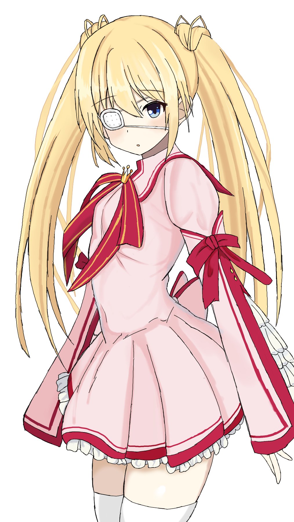 1girl arms_at_sides back_bow blonde_hair blue_eyes blush bow commentary_request commission cowboy_shot crown dress eyepatch frilled_dress frills hair_between_eyes highres juliet_sleeves kazamatsuri_institute_high_school_uniform long_hair long_sleeves looking_at_viewer medical_eyepatch mini_crown nakatsu_shizuru neck_ribbon nutsu8935290986 one_eye_covered parted_lips pink_bow pink_dress pleated_dress puffy_sleeves red_ribbon rewrite ribbon school_uniform sidelocks simple_background solo thighhighs twintails very_long_hair white_background white_thighhighs wide_sleeves zettai_ryouiki