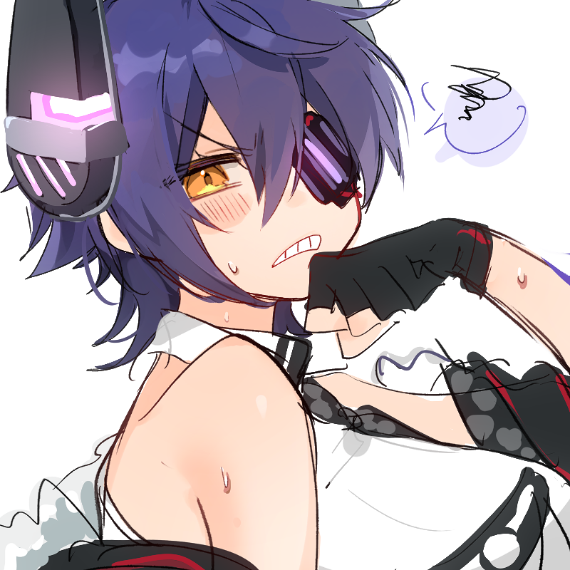 1girl black_gloves black_jacket breast_pocket breasts checkered_necktie eyepatch fur-trimmed_jacket fur_trim gloves headgear jacket kantai_collection large_breasts looking_at_viewer necktie partially_fingerless_gloves pocket purple_hair shirt short_hair simple_background sleeveless sleeveless_shirt solo tenryuu_(kancolle) tenryuu_kai_ni_(kancolle) tsumikitsuki_(katsuobushi) upper_body white_background yellow_eyes