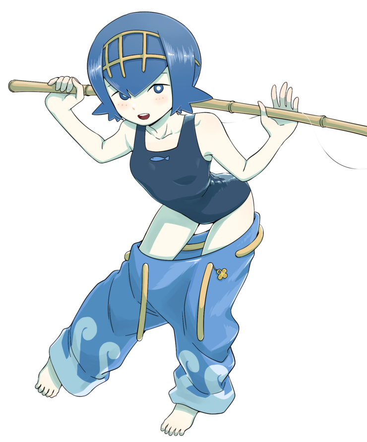 1girl bare_shoulders bent_over black_one-piece_swimsuit blue_eyes blue_hair blue_pants blush breasts bright_pupils collarbone female_focus fish fishing_rod full_body game_freak hair_between_eyes hairband image_sample lana_(pokemon) legs_apart naver_sample nintendo nutkingcall one-piece_swimsuit open_mouth pants pokemon pokemon_sm short_hair small_breasts solo standing swimsuit teeth tongue transparent_background trial_captain white_pupils yellow_hairband