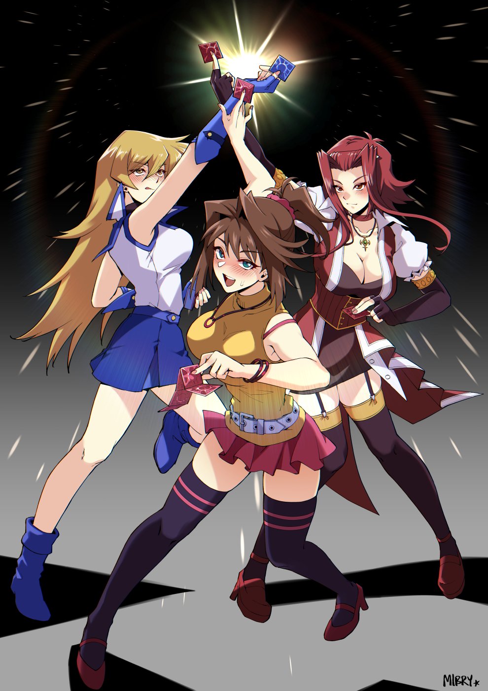 3girls artist_name belt blonde_hair blue_eyes breasts brown_eyes brown_hair card corset duel_academy_uniform_(yu-gi-oh!_gx) hair_ornament highres holding holding_card izayoi_aki large_breasts mazaki_anzu medium_hair mibry_(phrysm) miniskirt multiple_girls ponytail red_hair skirt tenjouin_asuka thighhighs yu-gi-oh! yu-gi-oh!_5d&#039;s yu-gi-oh!_gx yu-gi-oh!_the_dark_side_of_dimensions