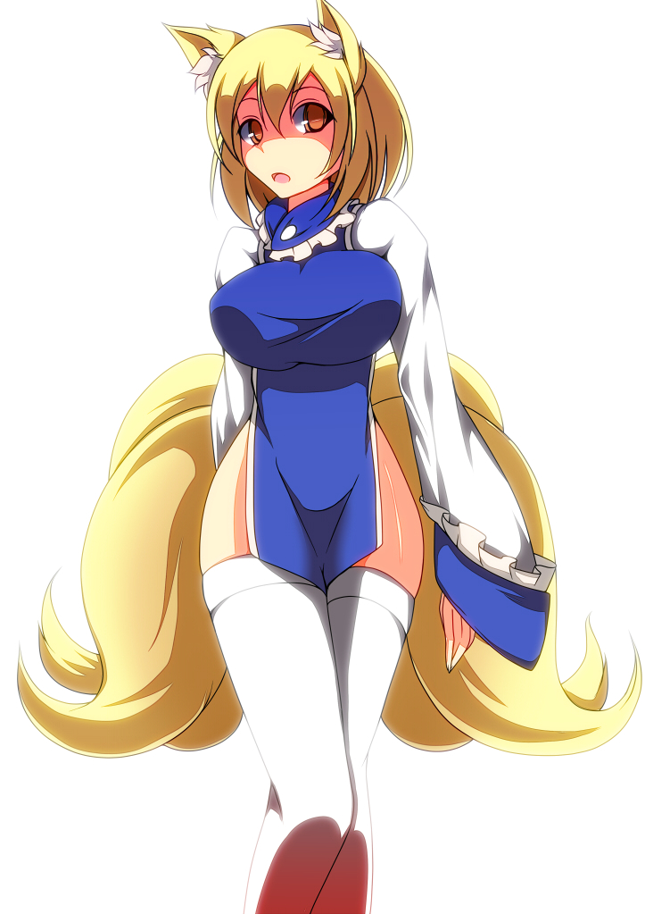 1girl animal_ears blonde_hair breasts crossed_legs female_focus fox_ears fox_tail impossible_clothes large_breasts long_sleeves merry_(diameri) multiple_tails open_mouth shiny_skin shirt solo standing tabard tail thighhighs touhou white_shirt white_thighhighs wide_sleeves yakumo_ran yellow_eyes