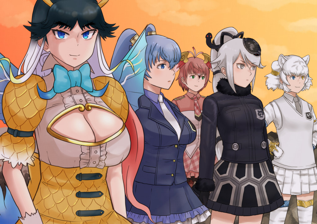 5girls animal_ears arms_at_sides black_hair blue_eyes blue_hair bow bowtie breasts byakko_(kemono_friends) center_frills cleavage cleavage_cutout closed_eyes closed_mouth clothing_cutout collared_dress collared_shirt dress evening frills fur_collar genbu_(kemono_friends) gloves green_eyes grey_eyes grey_hair hands_on_own_hips head_wings heterochromia high_ponytail horns jacket kemono_friends kemono_friends_3 kirin_(kemono_friends) large_breasts long_sleeves looking_afar looking_at_viewer medium_hair miniskirt multicolored_hair multiple_girls murakami_kou_(raye) necktie orange_sky outdoors parted_lips plaid_clothes plaid_necktie plaid_skirt pleated_skirt ponytail puffy_short_sleeves puffy_sleeves red_hair seiryuu_(kemono_friends) shirt shishin_(kemono_friends) short_sleeves skirt sky slit_pupils smile standing suzaku_(kemono_friends) sweater_vest tail thighhighs tiger_ears twintails white_hair wing_collar wings yellow_eyes zettai_ryouiki