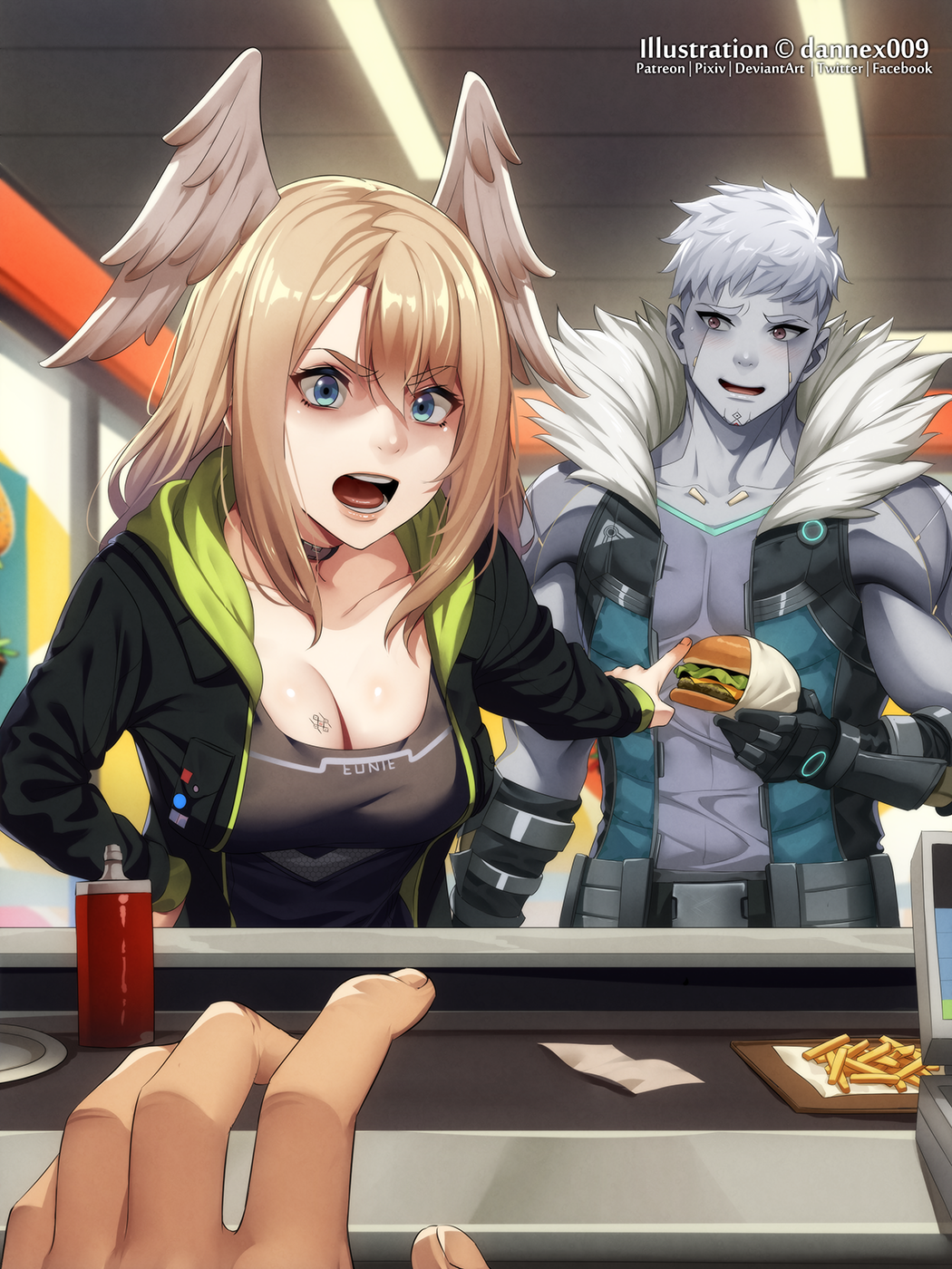 1boy 1girl 1other black_jacket blue_hair bottle breasts brown_hair burger chest_tattoo cleavage colored_skin commentary dannex009 english_commentary eunie_(xenoblade) fast_food feathered_wings food grey_hair grey_skin hair_between_eyes hand_on_own_hip head_wings highres holding holding_burger holding_food hood hooded_jacket indoors jacket ketchup_bottle lanz_(xenoblade) large_breasts long_sleeves looking_at_viewer medium_hair open_clothes open_jacket pectorals pointing pointing_at_another pov pov_hands restaurant smile tattoo textless_version white_wings wings xenoblade_chronicles_(series) xenoblade_chronicles_3