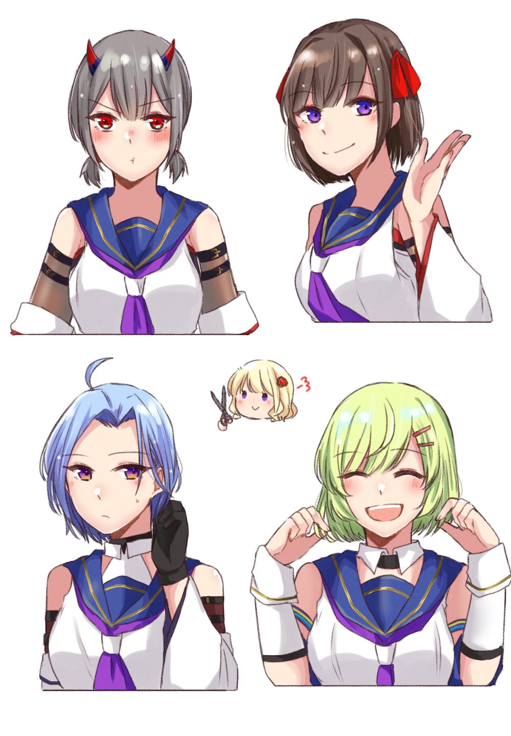 5girls :d :t ^_^ ahoge alternate_hair_length alternate_hairstyle arm_at_side arms_at_sides assault_lily bare_shoulders black_gloves blonde_hair blue_hair blue_sailor_collar blunt_bangs blush breasts brown_hair chibi chibi_inset closed_eyes closed_mouth commentary cropped_torso detached_collar detached_sleeves facing_viewer fujita_asagao gloves green_hair grey_hair hair_ornament hair_ribbon hairclip hand_up hands_up highres holding holding_own_hair holding_scissors horns igusa_subaru imamura_yukari_(assault_lily) kawabata_hotaru kozue_west long_hair looking_at_viewer low_twintails mechanical_horns medium_breasts multiple_girls neckerchief nigari_(ngari_0115) nose_blush odaiba_girls_high_school_uniform open_hand open_mouth parted_bangs pout puff_of_air purple_eyes purple_neckerchief red_eyes red_horns red_ribbon ribbon sailor_collar school_uniform scissors serafuku shirt short_hair short_sleeves short_twintails simple_background sleeveless sleeveless_shirt smile sweatdrop symbol-only_commentary teeth twintails upper_teeth_only v-shaped_eyebrows white_background white_shirt wide_sleeves