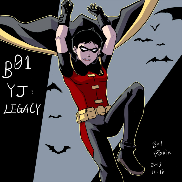 10s 1boy 2013 bat_(animal) batman_(series) black_hair boots cape character_name dc_comics dick_grayson domino_mask male_focus mask riyan robin_(dc) solo young_justice:_invasion