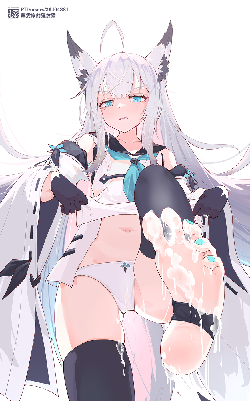 1girl animal_ear_fluff animal_ears azur_lane black_gloves black_sailor_collar black_thighhighs blue_eyes blue_nails blue_neckerchief blue_ribbon clothes_lift detached_sleeves disgust feet foot_focus fox_ears fox_girl gloves highres kawakaze_(azur_lane) liwendala long_hair looking_at_viewer nail_polish navel neckerchief panties applying_pedicure ribbon ribbon-trimmed_sleeves ribbon_trim sailor_collar scowl shirt_lift soles solo stirrup_legwear suggestive_fluid thighhighs toeless_legwear toes underwear white_hair white_panties wide_sleeves