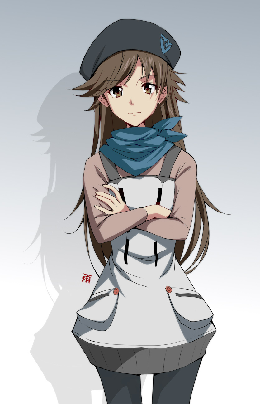 1girl artist_request breasts brown_eyes brown_hair cowboy_shot crossed_arms hat highres long_hair looking_at_viewer neon_genesis_evangelion rebuild_of_evangelion scarf simple_background small_breasts smile solo standing suzuhara_sakura very_long_hair white_background wide_hips