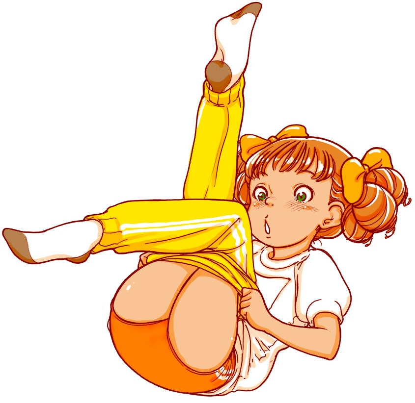 1girl blush bow buruma female_focus hair_bow johanna_von_trapp orange_bow orange_hair pants riarutoruchokku simple_background socks solo sweatpants trapp_ikka_monogatari white_background world_masterpiece_theater