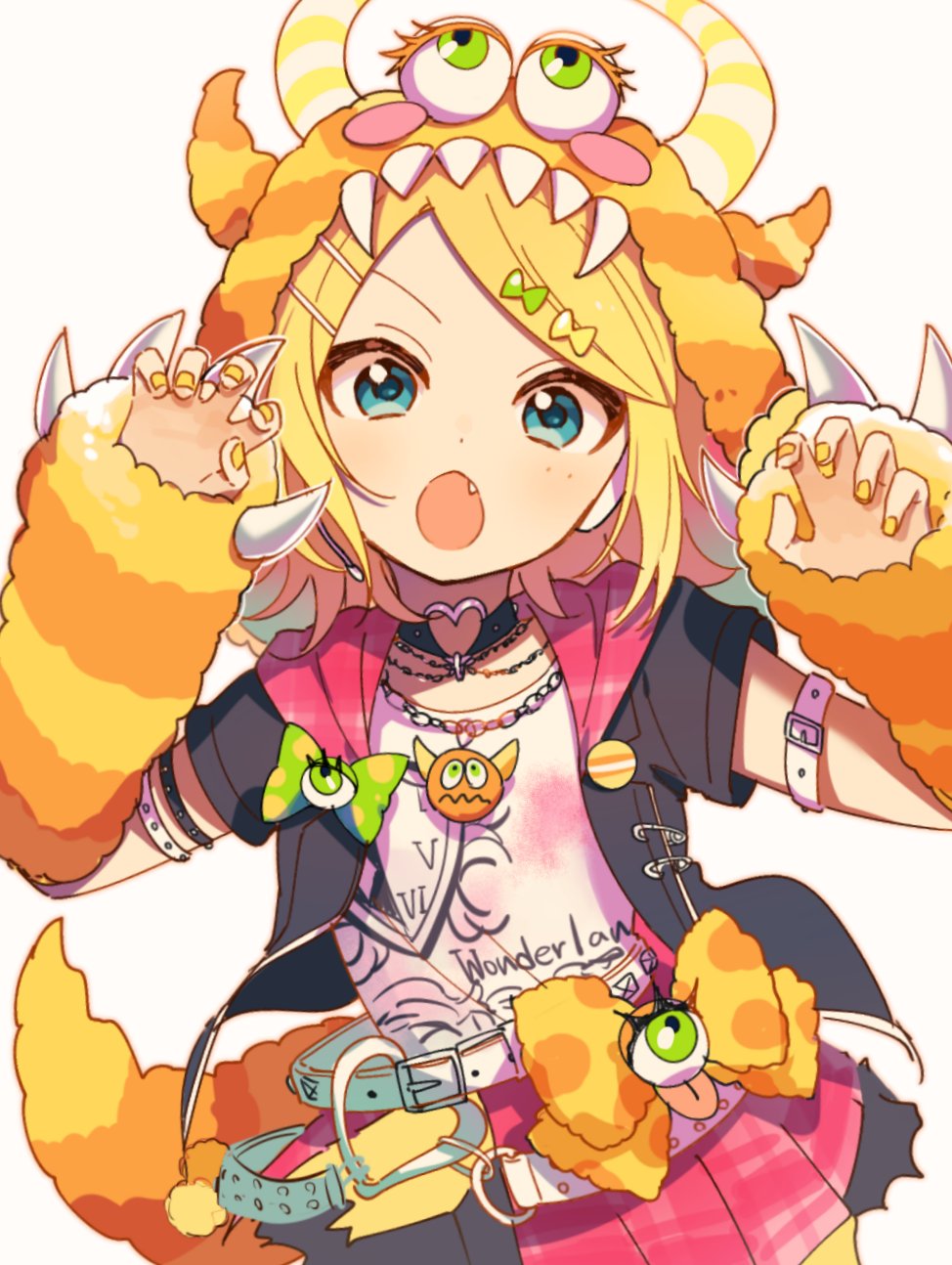 1girl 4_(nakajima4423) :o aqua_eyes arm_belt badge belt black_jacket blonde_hair blush_stickers bow bowtie choker claw_pose claws clothes_writing commentary costume eyeball fang green_bow heart heart_belt heart_choker hibiku_twilight_parade_(project_sekai) highres hood hooded_jacket jacket jewelry kagamine_rin looking_at_viewer miniskirt monster_tail nail_polish necklace open_mouth pink_skirt pleated_skirt sharp_teeth shirt short_sleeves skirt solo teeth tongue vocaloid white_background white_shirt wonderlands_x_showtime_rin yellow_nails