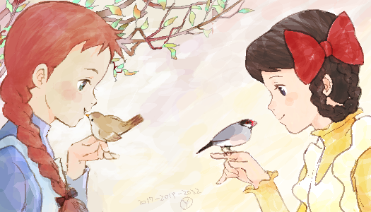 2girls anne_of_green_gables anne_shirley apron bird bird_on_hand black_bow black_hair blue_apron blue_dress blue_eyes bow braid braided_hair_rings branch brown_hair closed_mouth commentary diana_barry dress frilled_apron frilled_dress frills green_eyes hair_bow hair_rings hand_up java_sparrow leaf long_hair looking_at_animal multiple_girls parted_lips portrait profile sakai_yume short_hair smile sparrow twin_braids twintails yellow_apron yellow_dress