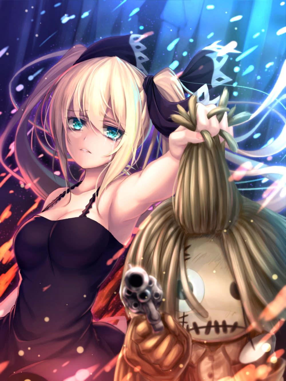1girl bad_id bad_pixiv_id bare_shoulders black_dress blonde_hair blue_eyes breasts chuck_(shaman_king) cleavage crying crying_with_eyes_open doll dress female_focus fire gun hair_ribbon highres holding holding_gun holding_weapon lips long_hair looking_at_viewer marion_phauna medium_breasts parted_lips ribbon shaman_king solo tears tiphereth twintails very_long_hair weapon