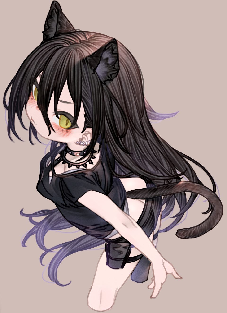 1girl animal_ears arknights ass black_choker black_hair black_shorts blush brown_background cat_ears cat_girl cat_tail choker collar dagda_(arknights) earrings extra_ears from_above green_eyes hair_between_eyes highres jewelry kochiya_(gothope) long_hair looking_at_viewer shorts slit_pupils solo studded_collar tail