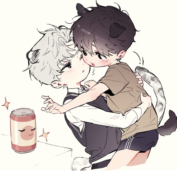 2boys aged_down animal_ears black_eyes black_shorts brown_hair brown_shirt collared_shirt cowboy_shot dog_boy dog_ears dog_tail grey_hair hug ilay_riegrow jeong_taeui jinsimpunch male_focus multiple_boys open_mouth passion_(manhwa) shirt short_hair short_sleeves shorts simple_background smile snow_leopard_boy snow_leopard_ears snow_leopard_tail sparkle tail white_background white_shirt