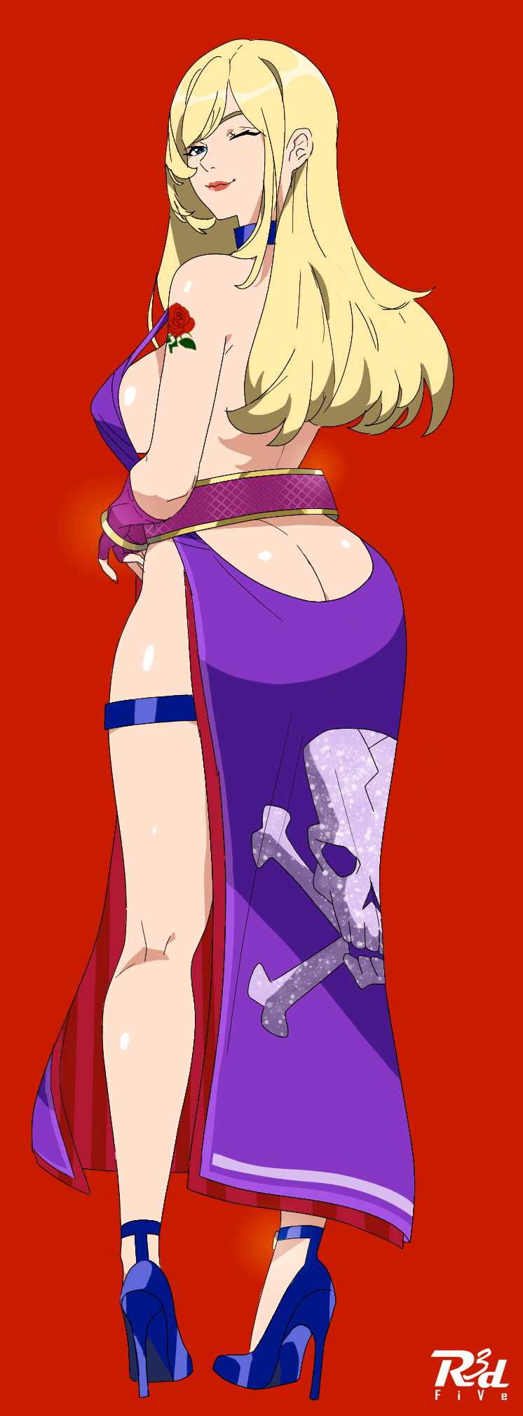 1girl arm_tattoo ass b._jenet back backless_dress backless_outfit belt blonde_hair blue_eyes bracelet breasts dress fatal_fury fingerless_gloves full_body gloves high_heels highleg highres jewelry large_breasts long_hair looking_at_another looking_at_viewer one_eye_closed pirate pumps purple_dress r3dfive red_background red_lips shoes side_slit sideboob smile snk solo stiletto_heels tattoo the_king_of_fighters thigh_strap