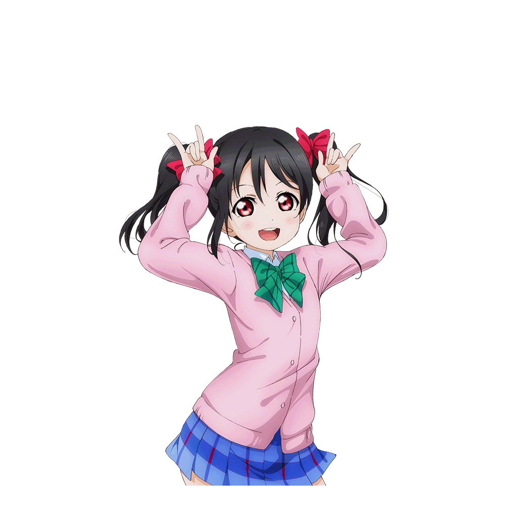 1girl \m/ arms_up black_hair blue_skirt blush bow bowtie cardigan collared_shirt cowboy_shot diagonal-striped_bow diagonal-striped_bowtie diagonal-striped_clothes double_\m/ green_bow green_bowtie hair_bow long_sleeves looking_at_viewer love_live! love_live!_school_idol_festival love_live!_school_idol_project miniskirt nico_nico_nii official_art open_mouth otonokizaka_school_uniform pink_cardigan plaid_clothes plaid_skirt pleated_skirt red_bow red_eyes school_uniform shirt skirt smile solo striped_clothes teeth transparent_background twintails upper_teeth_only white_shirt yazawa_nico