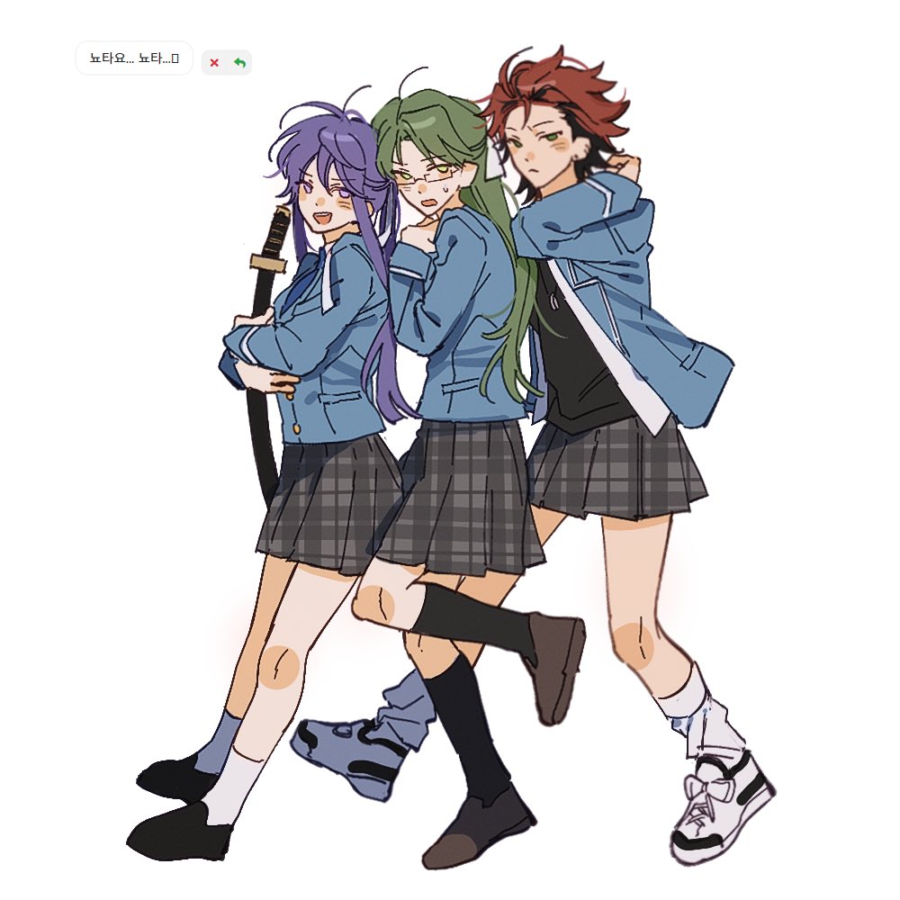 3girls :d akatsuki_(ensemble_stars!) ankle_socks arm_up black_hair black_shirt black_shoes black_socks blazer blue_jacket blue_necktie blush brown_shoes cabbagesmaster closed_mouth collared_shirt curtained_hair earrings ensemble_stars! frown full_body furrowed_brow genderswap genderswap_(mtf) glasses green_eyes green_hair grey_skirt hair_between_eyes hair_ribbon half_updo hand_on_own_shoulder hands_up hasumi_keito holding holding_sword holding_weapon jacket jewelry kanzaki_souma katana kiryu_kuro knee_up kneehighs leaning_on_person loafers long_hair looking_at_viewer loose_socks messy_hair miniskirt multicolored_hair multiple_earrings multiple_girls necklace necktie open_clothes open_mouth open_shirt parted_bangs plaid_clothes plaid_skirt pleated_skirt ponytail purple_eyes purple_hair rectangular_eyewear red_hair ribbon shirt shirt_under_shirt shoes short_hair sidelocks simple_background skirt smile socks spiked_hair standing standing_on_one_leg sweatdrop sword teeth upper_teeth_only v-shaped_eyebrows weapon white_background white_ribbon white_shirt white_sneakers white_socks