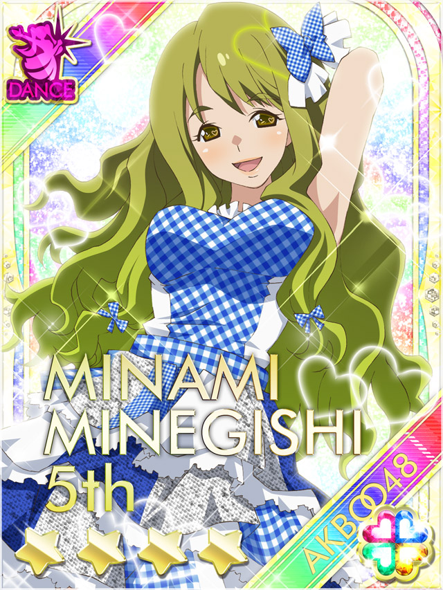 1girl :d akb0048 arm_behind_back arm_behind_head arm_up blue_bow blue_dress bow card_(medium) character_name copyright_name cowboy_shot dress dutch_angle gingham_bow gingham_dress green_eyes green_hair hair_bow heart idol_clothes long_hair looking_at_viewer minamino_mikako non-circular_lens_flare non-web_source official_art open_mouth short_sleeves smile solo sparkle standing star_(symbol) wavy_hair