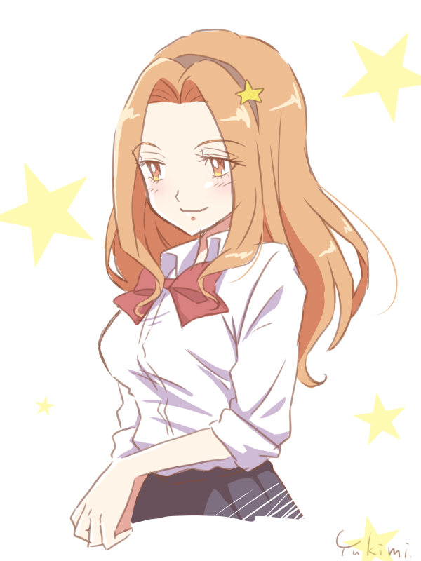 10s 1girl bad_id bad_pixiv_id black_skirt bow bowtie brown_eyes brown_hair digimon digimon_adventure_tri. female_focus hair_ornament hairband long_hair red_bow red_bowtie school_uniform shirt skirt smile solo star_(symbol) star_hair_ornament tachikawa_mimi white_shirt yukimi_(kurumi-no-naruki)
