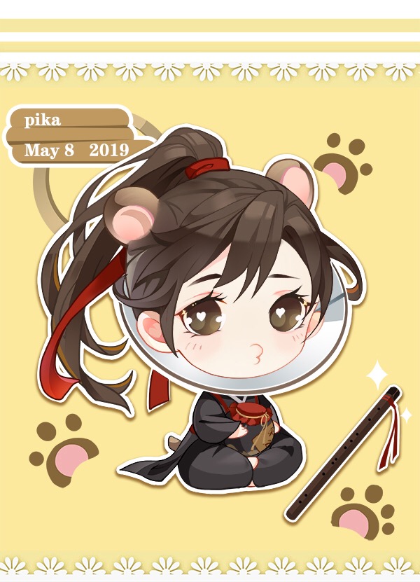 1boy animal_ears artist_name barefoot bear_ears black_hanfu bright_pupils brown_eyes brown_hair chibi chinese_clothes crossed_legs dated eyelashes flute hanfu heart heart-shaped_pupils holding holding_jar instrument jar light_blush long_hair long_sleeves looking_at_viewer male_focus modao_zushi o3o outline paw_print pet_cone sleeves_past_wrists solo sparkle symbol-shaped_pupils wei_wuxian white_outline white_pupils ye_dian_pikaqiu yellow_background
