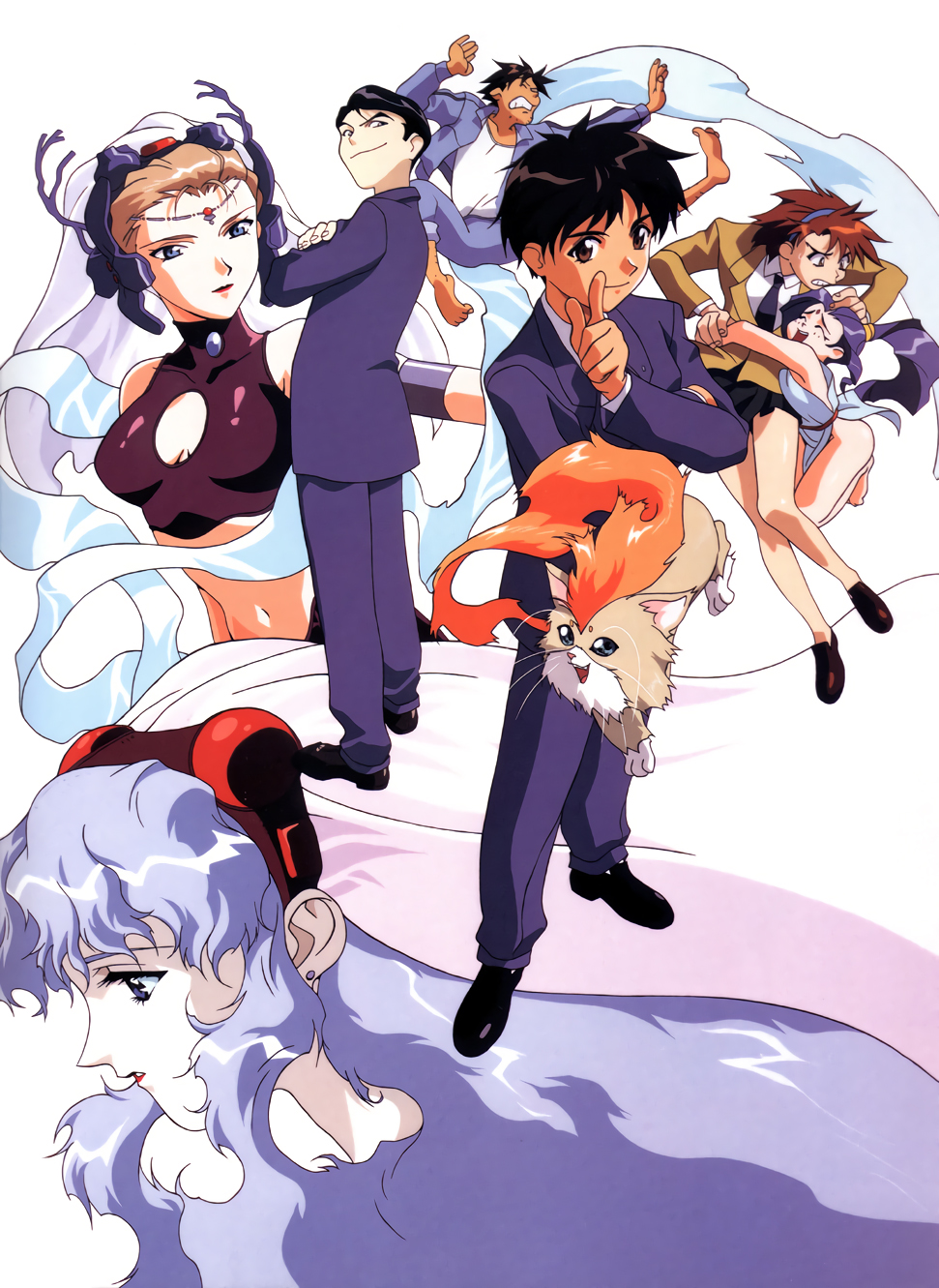1990s_(style) 3boys 5girls alielle black_eyes blazer blue_eyes blue_hair breasts brown_eyes brown_hair cleavage cleavage_cutout clothing_cutout crossed_arms el_hazard grin gym_uniform headdress highres hug ifurita index_finger_raised jacket jinnai_katsuhiko jinnai_nanami lipstick loafers long_hair long_sleeves looking_at_viewer makeup md5_mismatch midriff miz_mishtal mizuhara_makoto multiple_boys multiple_girls navel official_art profile rune_venus shoes short_hair simple_background smile white_background