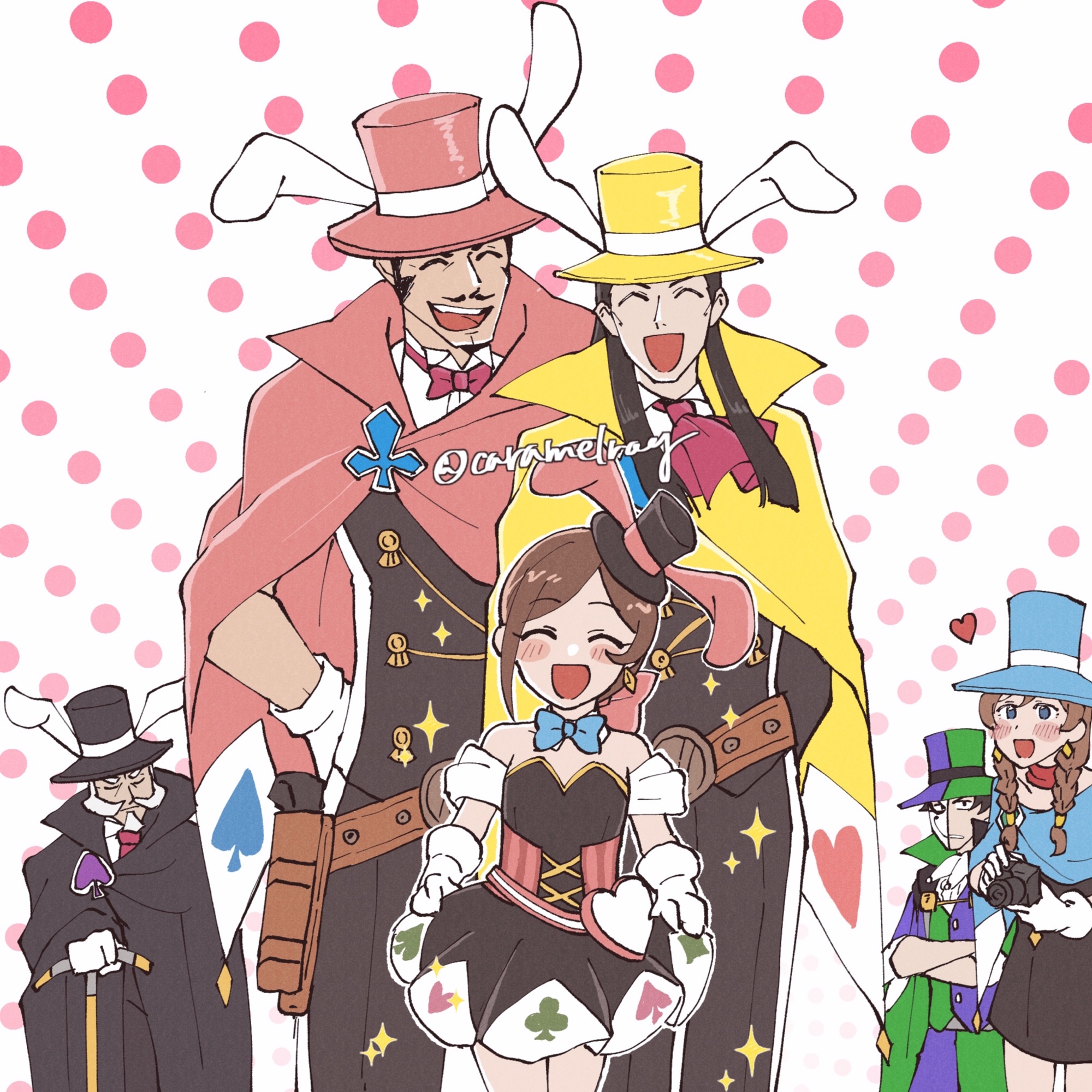 2girls 4boys ace_attorney animal_ears apollo_justice:_ace_attorney arm_behind_back ascot belt_pouch black_cape black_hat black_pants blue_bow blue_bowtie blue_cape blue_eyes blue_hat bluesky_username blush_stickers bow bowtie braided_twintails brown_hair camera cane cape caramelrag closed_mouth clothes_lift corset crossed_arms detached_collar dress dress_lift facial_hair fake_animal_ears gloves goatee green_hat green_vest hat highres holding holding_camera holding_cane lamiroir_(ace_attorney) low_twintails magnifi_gramarye manov_mistree medium_hair multiple_boys multiple_girls mustache pants pouch purple_hat purple_vest rabbit_ears red_ascot short_hair smile sparkle strapless strapless_dress teeth top_hat trucy_wright twintails two-tone_hat two-tone_vest valant_gramarye vest white_gloves yellow_cape yellow_hat zak_gramarye