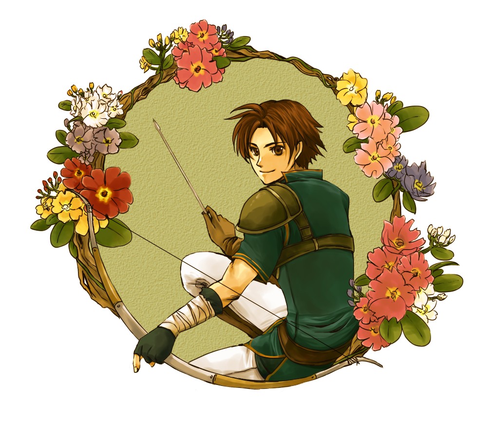 1boy arrow_(projectile) bow_(weapon) brown_eyes brown_hair fingerless_gloves fire_emblem fire_emblem:_the_blazing_blade flower gloves leaf male_focus nintendo simple_background solo sumeragi_(black_rose) weapon white_background wil_(fire_emblem)