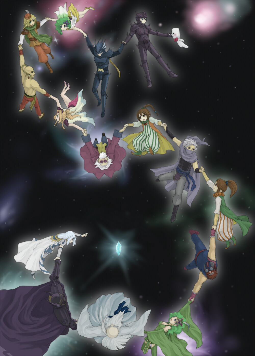 4girls 6+boys aged_down bokurano bow bowtie brother_and_sister cain_highwind cecil_harvey child cid_pollendina crystal dark_knight dark_knight_(final_fantasy) dragoon dragoon_(final_fantasy) dual_persona edward_chris_von_muir edward_geraldine everyone final_fantasy final_fantasy_iv fusoya golbez green_hair highres holding_hands monk monk_(final_fantasy) multiple_boys multiple_girls ninja ninja_(final_fantasy) paladin paladin_(final_fantasy) palom parody porom rosa_farrell rydia_(adult)_(ff4) rydia_(ff4) rydia_(young)_(ff4) siblings space tellah time_paradox whyt yang_fang_leiden