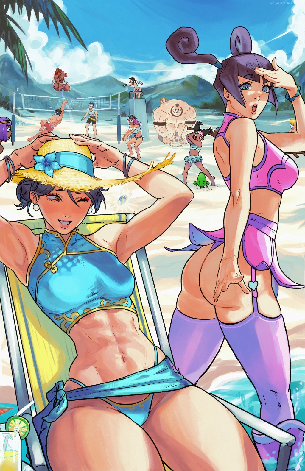 6+boys 6+girls abigail_(final_fight) akuma_(street_fighter) ball beach beach_volleyball bikini bikini_skirt cammy_white capcom chun-li company_connection crossover dark-skinned_female dark-skinned_male dark_skin ele_(star_gladiator) final_fight garter_straps hat highres jumping june_lin_milliam kanzaki_hayato_(star_gladiator) lily_hawk mask menat midair mountainous_horizon multiple_boys multiple_girls muscular muscular_female muscular_male playing_sports poison_(final_fight) ryu_(street_fighter) saturn_dyer smile star_gladiator straw_hat street_fighter swimsuit thighhighs thong vega_(street_fighter) volleyball volleyball_(object) volleyball_net wallace_pires