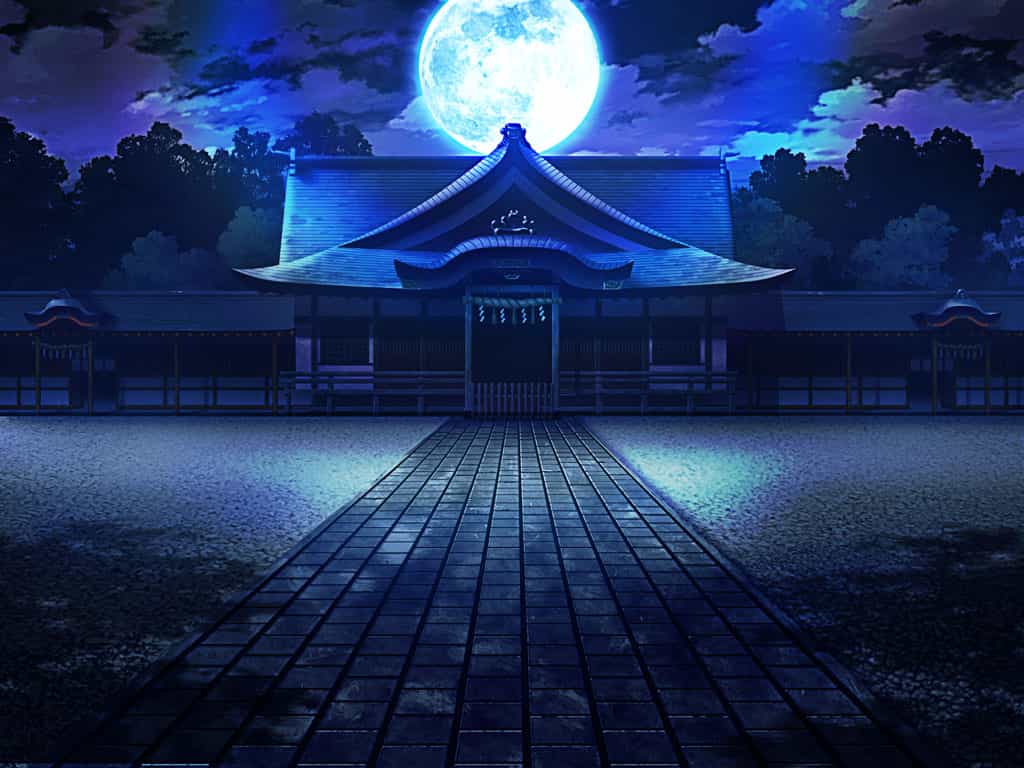 artist_request cloud dark fence full_moon game_cg magia_record:_mahou_shoujo_madoka_magica_gaiden mahou_shoujo_madoka_magica moon night night_sky no_humans official_art outdoors path road rope scenery shade shide shimenawa shrine sky tree