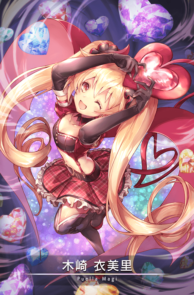 1girl arms_up belt belt_buckle black_belt black_boots black_collar black_gloves black_scrunchie black_shirt blonde_hair blue_gemstone boots breasts buckle buttons card_(medium) character_name circle_skirt cleavage collar collarbone crop_top cropped_jacket demon_tail detached_collar earrings elbow_gloves eyelashes fake_tail floating_clothes frilled_shirt frilled_skirt frills full_body game_cg gem gloves green_gemstone hair_ornament hair_scrunchie heart heart-shaped_buckle heart-shaped_gem heart_earrings heart_hands jacket jewelry kisaki_emiri light_blush long_hair looking_at_viewer magia_record:_mahou_shoujo_madoka_magica_gaiden magical_girl mahou_shoujo_madoka_magica midriff miniskirt nyan_puu official_art one_eye_closed open_clothes open_jacket open_mouth orange_gemstone plaid_clothes plaid_skirt pleated_skirt puffy_short_sleeves puffy_sleeves purple_background purple_gemstone red_eyes red_gemstone red_jacket red_skirt red_tail ribbed_skirt ringlets scrunchie shirt short_sleeves single_earring skirt smile solo tail thigh_boots twintails very_long_hair wind yellow_gemstone