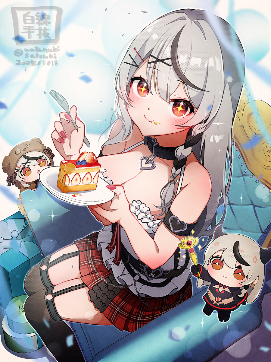 +_+ 1girl balloon black_hair black_socks blurry blurry_foreground braided_sidelock breasts cake cake_slice chain chibi choker cleavage commentary confetti feet_out_of_frame food fork grey_hair highres holding holding_fork holding_plate hololive kneehighs large_breasts legwear_garter looking_at_viewer multicolored_hair nail_polish plaid_clothes plaid_skirt plate red_eyes red_nails red_skirt sakamata_chloe sakamata_chloe_(1st_costume) satsuki_(pixiv_742410) shirt simple_background skirt sleeveless sleeveless_shirt smile socks solo_focus streaked_hair virtual_youtuber white_background white_shirt