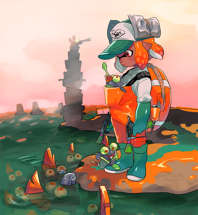 1girl baseball_cap boots chum_(splatoon) closed_mouth commentary_request creature creature_in_clothes dark-skinned_female dark_skin dual_wielding elbow_gloves full_body gloves green_boots green_gloves green_hat hakinikui_kutsu_no_mise hat holding holding_weapon inkling inkling_girl inkling_player_character lifebuoy looking_at_creature nintendo orange_hair orange_overalls overalls pointy_ears red_eyes rubber_boots rubber_gloves salmon_run_(splatoon) salmonid shirt short_hair smallfry_(splatoon) solo splat_dualies_(splatoon) splatoon_(series) splatoon_2 standing stinger_(splatoon) swim_ring tentacle_hair weapon white_shirt