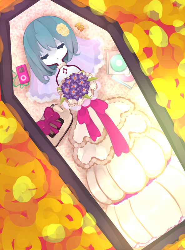 10s 1girl bad_id bad_pixiv_id blue_hair bouquet cd cd_case choker closed_eyes coffin corpse crocus_(flower) digital_media_player dress female_focus flower hair_ornament hairclip ipod lolly_(mcr_cc) lying mahou_shoujo_madoka_magica mahou_shoujo_madoka_magica_(anime) miki_sayaka musical_note school_uniform short_hair solo spoilers veil wedding_dress