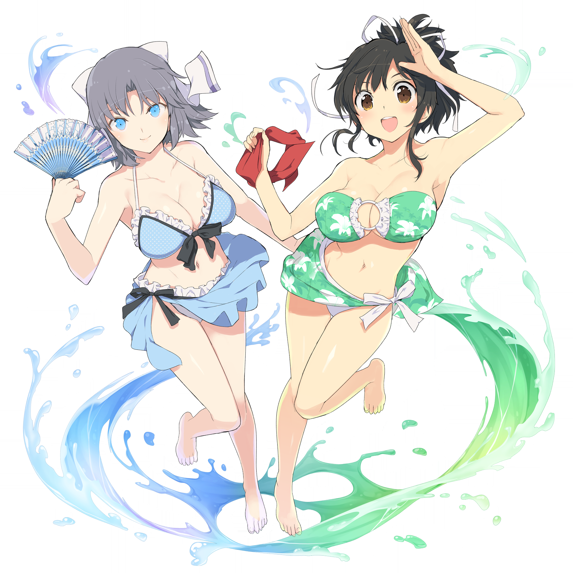 2girls :d asuka_(senran_kagura) bare_shoulders barefoot bikini black_bow black_hair blue_bikini blue_eyes blush bow breasts brown_eyes cleavage closed_mouth collarbone feet floral_print folding_fan frilled_bikini frills game_cg green_bikini grey_hair groin hair_bow hair_ribbon hand_fan highres holding holding_fan holding_unworn_clothes holding_unworn_scarf kandagawa_jet_girls large_breasts legs looking_at_viewer multiple_girls navel non-web_source o-ring o-ring_bikini official_art open_mouth paper_fan ponytail red_scarf ribbon salute scarf senran_kagura senran_kagura_estival_versus shiny_skin short_hair short_ponytail simple_background smile strapless strapless_bikini striped_bow swimsuit swimsuit_skirt swirl teeth toenails toes tongue transparent_background unworn_scarf upper_teeth_only white_bow white_ribbon yaegashi_nan yumi_(senran_kagura)