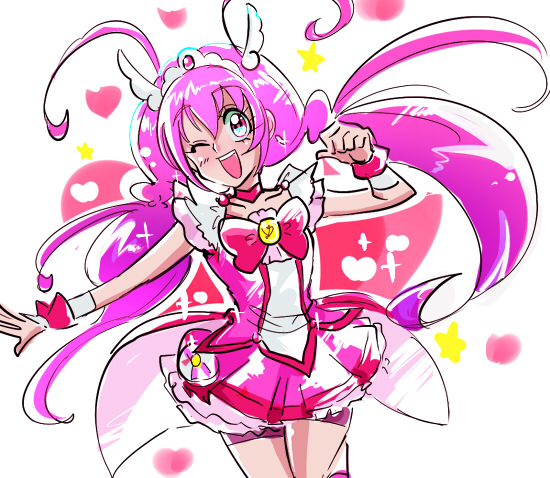 10s 1girl ;d antenna_hair biho_(tsuinku) bike_shorts bike_shorts_under_skirt bow bowtie brooch choker cure_happy female_focus happy head_wings hoshizora_miyuki jewelry long_hair magical_girl one_eye_closed open_mouth pink_bow pink_bowtie pink_eyes pink_hair pink_shorts pink_skirt pink_theme precure shorts shorts_under_skirt skirt smile smile_precure! solo tiara twintails wings wrist_cuffs