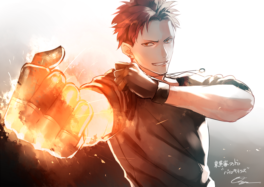 1boy clenched_hand earrings fingerless_gloves fire gloves gradient_background grin jewelry looking_at_viewer male_focus orange_hair otani_(gloria) red_eyes ring shirt smile solo t-shirt tokyo_itan_shinmon upper_body wristband