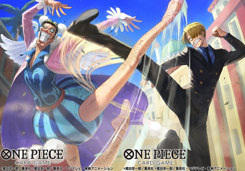 2boys arm_up attack_trail black_hair bon_clay cityscape clenched_teeth collared_shirt copyright_name duel from_below kicking leg_lift looking_to_the_side makeup male_focus midair multiple_boys non-web_source official_art one_piece one_piece_card_game otton sanji_(one_piece) shirt short_hair solo_focus teeth x_limbs