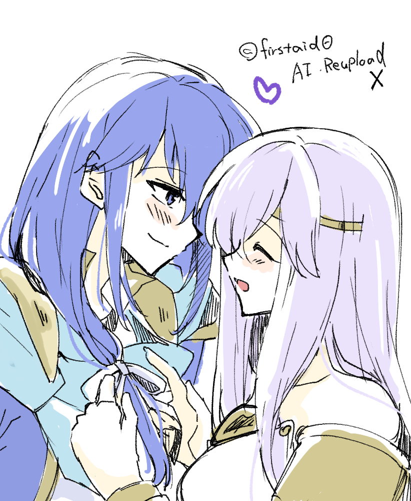 1boy 1girl alternate_hairstyle blue_eyes blue_hair bow bowtie breasts brother_and_sister circlet closed_eyes fire_emblem fire_emblem:_genealogy_of_the_holy_war hair_down julia_(fire_emblem) long_hair medium_breasts nintendo open_mouth purple_hair seliph_(fire_emblem) siblings simple_background upper_body yukia_(firstaid0)
