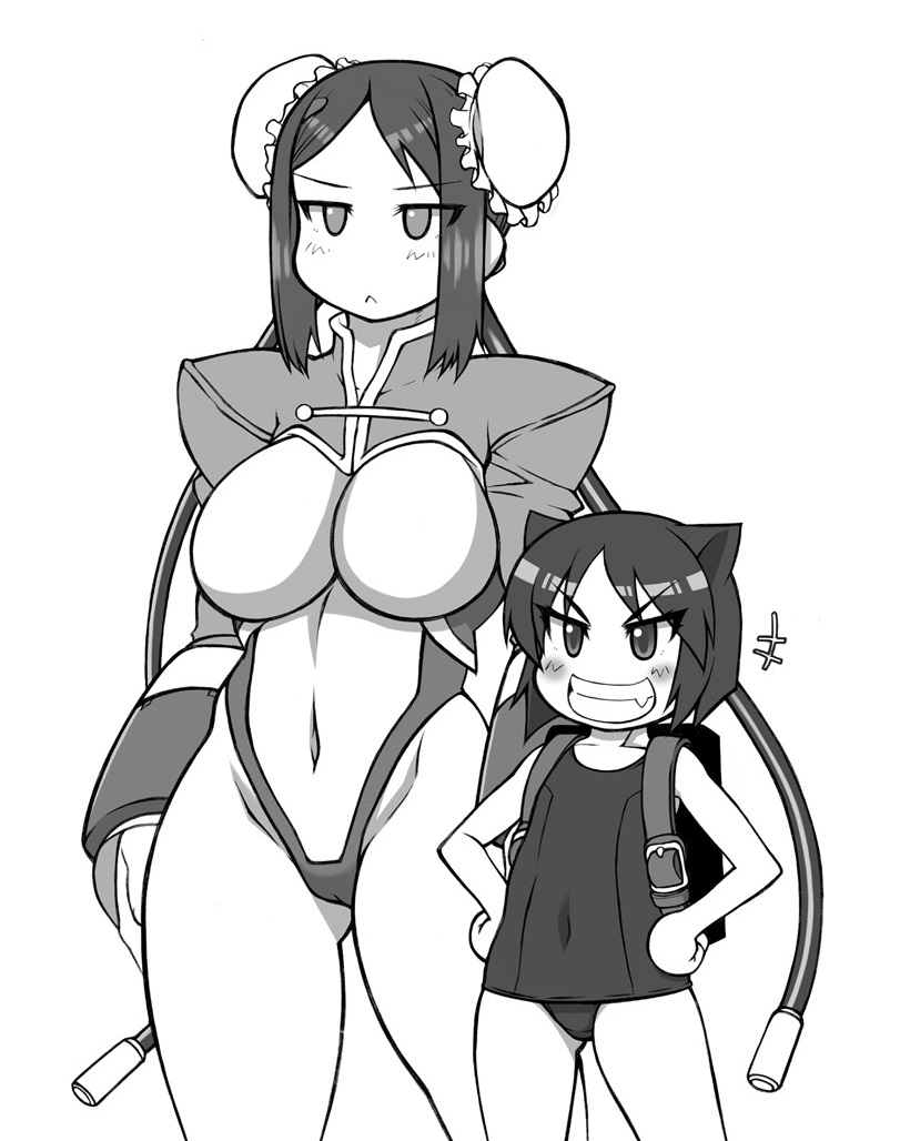 2girls android arcana_heart backpack bag bare_legs bare_shoulders blush breasts cameltoe daidouji_kira double_bun expressionless fang hair_bun hands_on_own_hips highleg highleg_leotard large_breasts legs_apart leotard looking_at_viewer looking_to_the_side mei-fang monochrome multiple_girls nakagami_takashi naughty_face one-piece_swimsuit randoseru school_swimsuit short_hair simple_background size_difference small_breasts standing swimsuit thong_leotard upper_body white_background