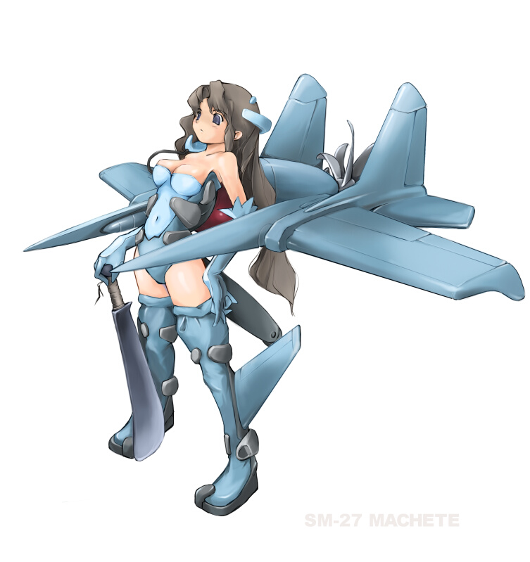 1girl blue_eyes breasts brown_hair female_focus full_body long_hair mecha_musume military nano_(nanosize) original personification propeller simple_background sm-27_machete solo sword weapon white_background