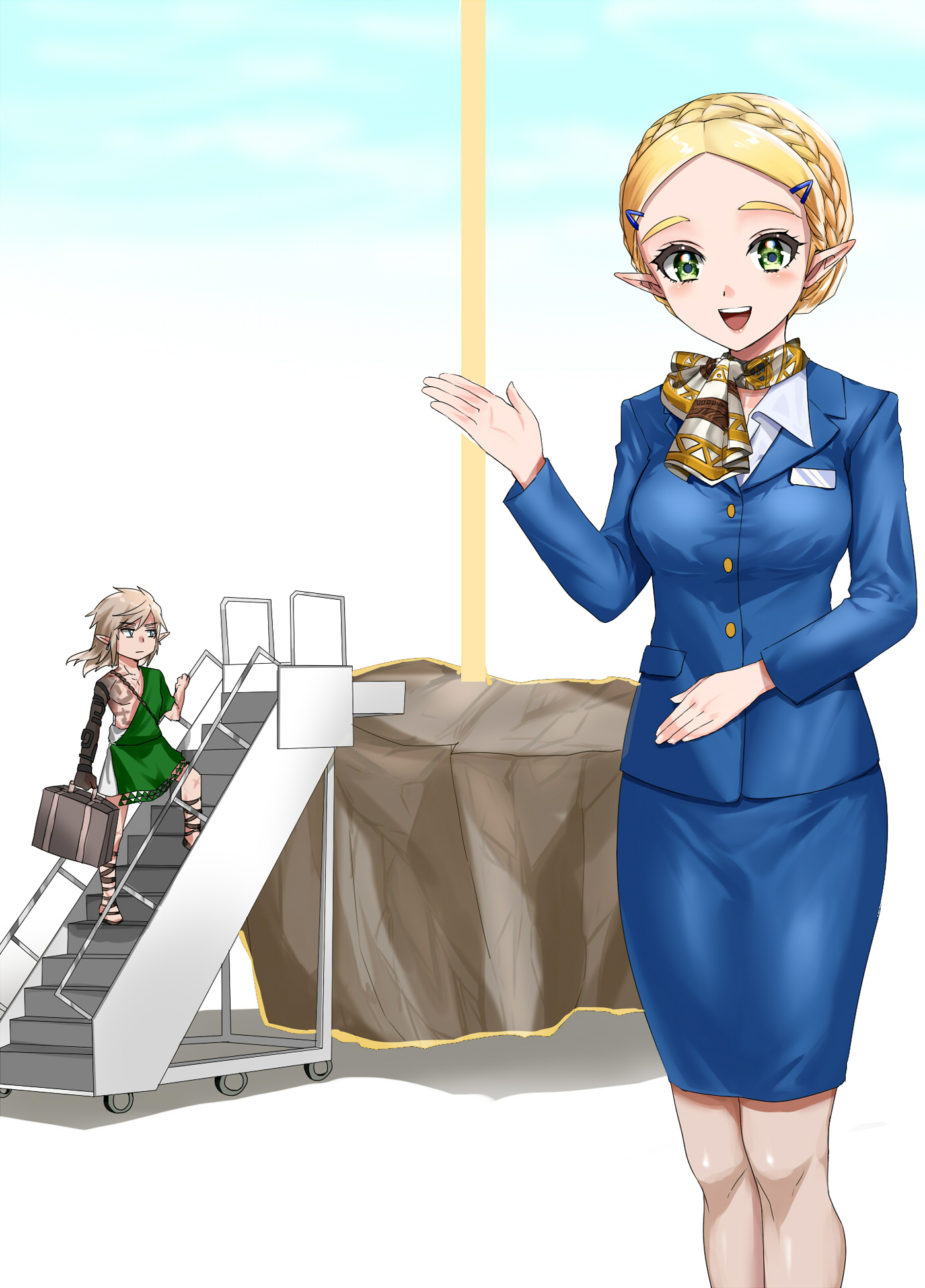 1boy 1girl :| alternate_costume archaic_set_(zelda) blonde_hair braid chibi closed_mouth colored_skin contemporary employee_uniform formal_clothes gameplay_mechanics green_eyes grey_hair grey_skin hair_ornament hairclip hand_up highres jacket link long_hair long_sleeves looking_at_object looking_at_viewer multicolored_skin nintendo pencil_skirt pointy_ears princess_zelda scarf short_hair skirt skirt_suit smile stairs standing suit suitcase the_legend_of_zelda the_legend_of_zelda:_tears_of_the_kingdom toned toned_male travel_attendant tunic wasabi_(legemd)