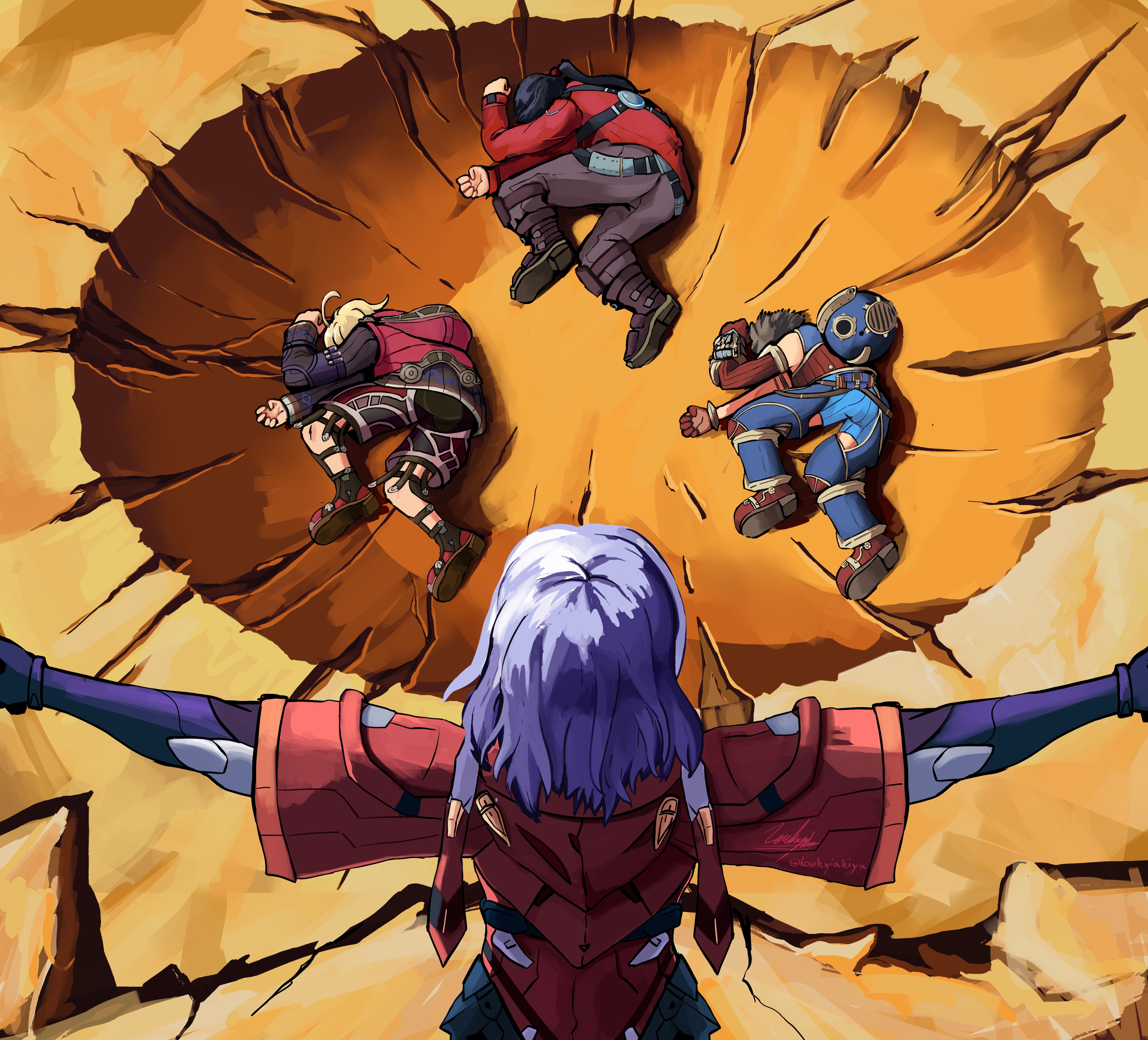 1girl 3boys absurdres black_hair dragon_ball dragonball_z elma_(xenoblade_x) group_picture highres jacket long_hair loukyiakiya meme missing_commentary multiple_boys noah_(xenoblade) purple_hair red_jacket rex_(xenoblade) short_hair shulk_(xenoblade) t-pose xenoblade_chronicles_(series) xenoblade_chronicles_1 xenoblade_chronicles_2 xenoblade_chronicles_3 xenoblade_chronicles_x yamcha_pose_(meme)