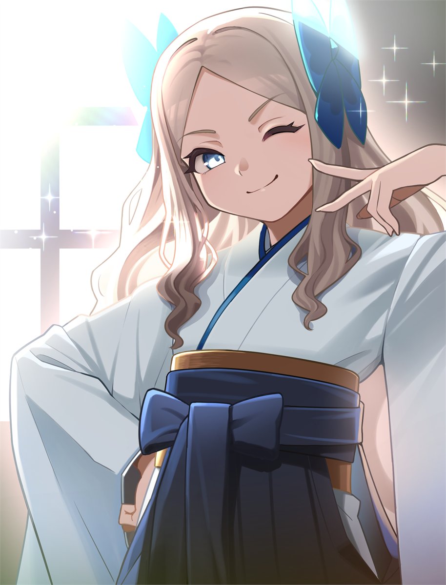 1girl asakaze_(kancolle) blue_bow blue_eyes blue_hakama blush bow cowboy_shot forehead furisode hair_bow hair_ribbon hakama hakama_skirt highres indoors japanese_clothes kantai_collection kimono light_brown_hair long_hair looking_at_viewer meiji_schoolgirl_uniform mizoki_kei one_eye_closed parted_bangs ribbon skirt smile solo sunlight v wavy_hair white_kimono
