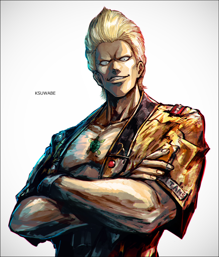 1boy artist_name blonde_hair brown_shirt commentary_request crossed_arms evil_grin evil_smile grin gundam k-suwabe looking_at_viewer male_focus pectorals sanpaku shirt short_hair short_sleeves simple_background smile solo titans_(gundam) upper_body white_background yazan_gable zeta_gundam zeta_gundam_define